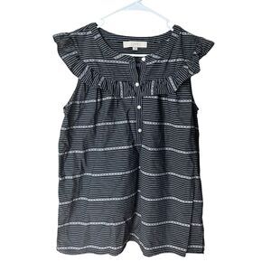 LOFT Coastal Ruffled Yolk Collar Navy Striped Blouse Size Small 100% Cotton